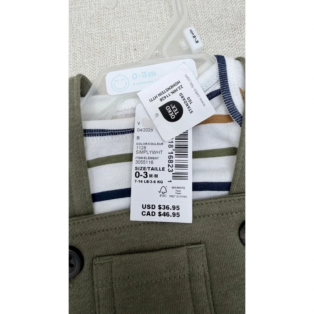 Baby Place Bundles 2‎ Piece Set Striped Bodysuit Olive Overalls 0-3M NWT